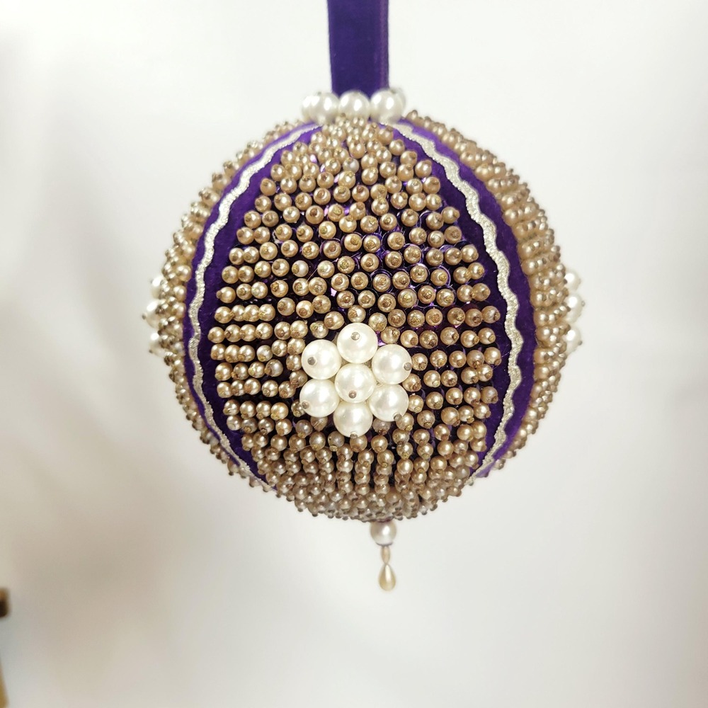 Vintage Large Satin Purple Silver Pearl Push pin Ornament 4.5" Christmas MCM